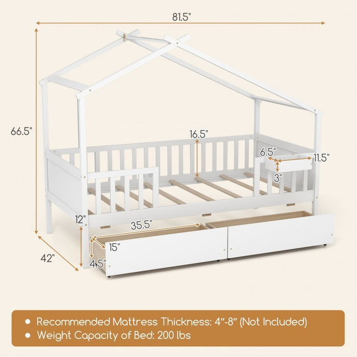 White Loveseat Sofa Bed with Drawers and Roof-Style Frame