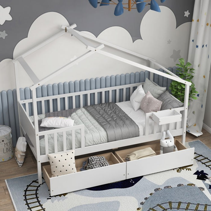 White Loveseat Sofa Bed with Drawers and Roof-Style Frame