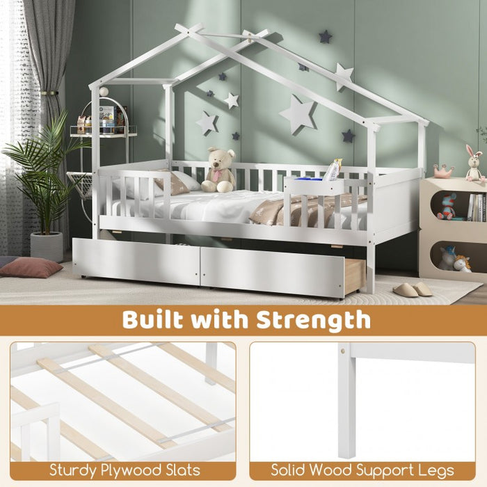 White Loveseat Sofa Bed with Drawers and Roof-Style Frame