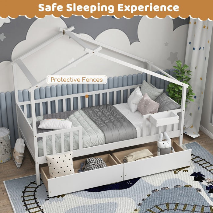 White Loveseat Sofa Bed with Drawers and Roof-Style Frame