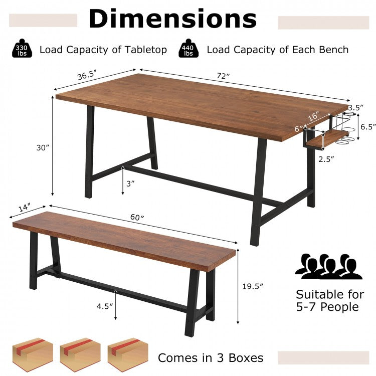 Industrial Style Dining Room Table Set - 3-Piece Set with 2 Benches - Suitable for Kitchen and Restaurant