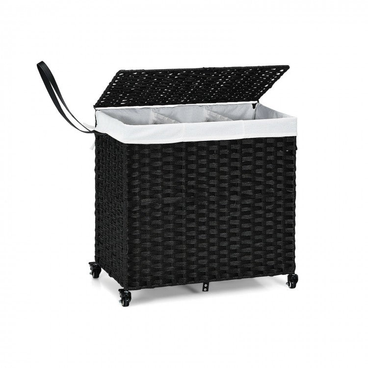 Bathroom Black Rolling Lid Laundry Hamper with Wheels