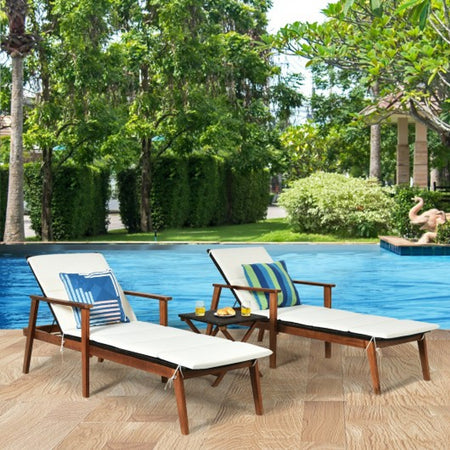 Auction Deal -White Outdoor Patio Pool Cushion Lounge Chairs with Folding Table 3-Piece Set